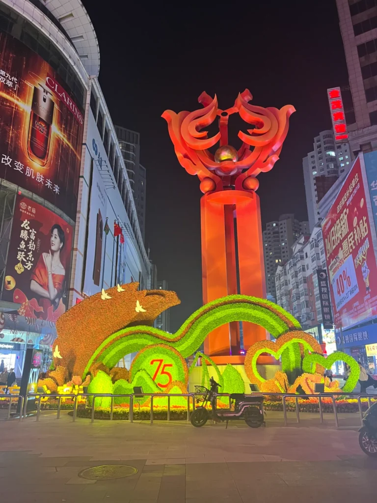 Calle comercial del centro de Shenyang (Liaoning) de noche, uno de los viajes de negocios de Carlos Navalón por China
